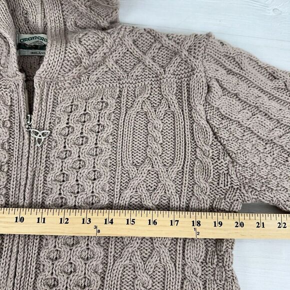 Aran Crafts Women XS Irish Wool Zip-Front Hooded Sweater Cardigan Tan Fisherman - Picture 10 of 13